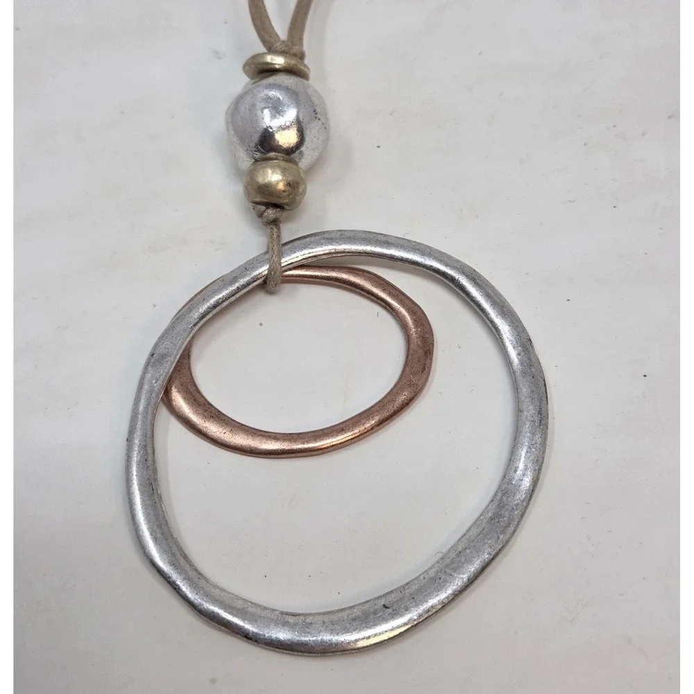J. Jill Bead Necklace Mixed Silver, Copper Gold Tone Circles Adjustable Cord